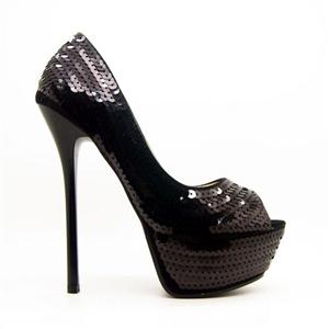 Black Sequinned High Heel, Platform Peep-Toe Shoes, Peep-Toe Shoes, #SWS12023