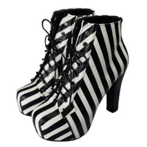 Black & White Ankle Boots, Lace-up Platform High Heel Boots, Stripe Chunky Heel Ankle Boots, #SWB80034