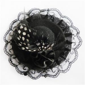 Black Mini Top Hat, Mini Hat Hair Clip Feather Rose, Feather Rose Mini Hat, #J7306