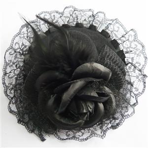 Black Feather Rose Top Cap, Mini Hat, Top Cap, #J7333