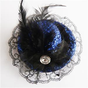 Blue Glitter Mini Top Hat, Feather Glitter mini hats, Fever Mini Top Hat on Headband, #J7296