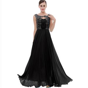 Sleeveless Round Neck Dress, Black Beaded Appliques Maxi Dress, Appliques Chiffon Long Dress, Women