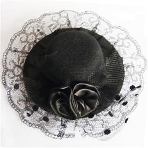 Black mini top hat with Rose, fashion Feather Hair Clip, Fascinator Fancy Dress headwear, #J7324