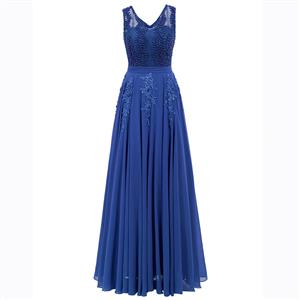 Blue Sleeveless V Neck Dress, Pearl Beading Maxi Dress, Blue Appliques Long Dress, Women