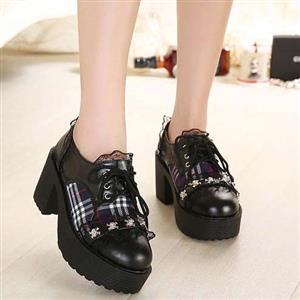 Chunky Sole Lace Up Heels, Lace Dark Blue Plaid Spell Color Shoes, Skull Design Heels Boots, Round Toe Boots, #SWB20202