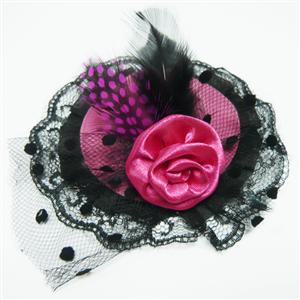 Deep Pink Mini Top Hat, Mini Hat Hair Clip Feather Rose, Feather Rose Mini Hat, #J7305
