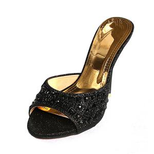 Satin High-heeled Mules, Rhinestone High-heeled Mules, Black Stiletto Heel Mules, #SWH11080