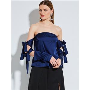 Elastic Dark Blue Shirt, Slim Polyester Short Shirt, Off Shoulder Blouse, Crop Top, #N14220