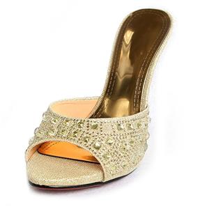 Satin High-heeled Mules, Rhinestone High-heeled Mules, Gold Stiletto Heel Mules, #SWH11079