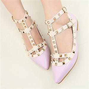 Openwork Design Flat Shoes, Studded Spike Flat Shoes, T-Strap Rivets Pointed Toe Shoes, #SWS12130