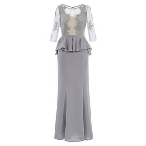 Half Sleeve Round Neck Dress, Gray Appliques Dress, Ruffles Maxi Dress, Gray Sheath Long Dress, Women