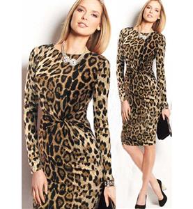 Hot Sexy Round Neck Long Sleeves Leopard Print Knee-length Bodycon Dress N10061