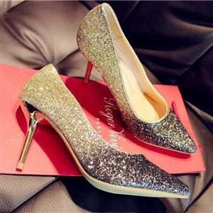 Golden Shallow Mouth Shoe, Pointed Toe Stiletto Shoes, Sequin Material Shoes, Wedding Party High-heeled Shoes, #SWS20209