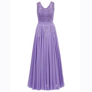 Purple Sleeveless V Neck Dress, Pearl Beading Maxi Dress, Purple Appliques Long Dress, Women