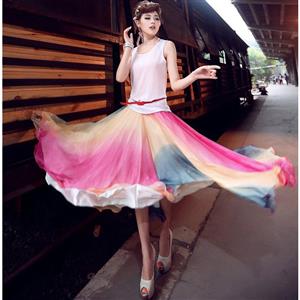 Wrapped Chest Rainbow Tent Dress, Multicolour Full Half-length Maxi Chiffon Skirt, Strapless Two Dressing Ways Dresses, #N9063