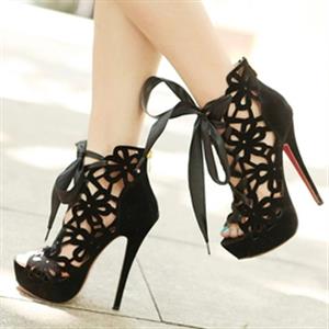 Openwork and Lace-Up Design Boots, Peep Toe Cut Out Stiletto Heel Boots, Hollow Out Ankle Boots, #SWB80038