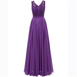 Purple Sleeveless V Neck Dress, Pearl Beading Maxi Dress, Purple Appliques Long Dress, Women