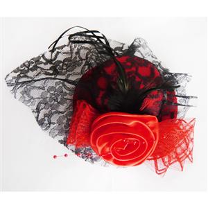 Red Lace Top Cap, Lace Rose Top Cap, Mini Top Hat, #J7329