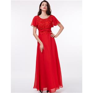Short Sleeve Round Neck Dress, Appliques Sequins Maxi Dress, Red Backless A-Line Dress, Women