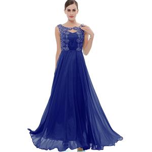 Sleeveless Round Neck Dress, Royalblue Beaded Appliques Maxi Dress, Appliques Chiffon Long Dress, Women