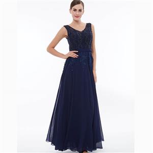 Dark Blue Sleeveless V Neck Dress, Pearl Beading Maxi Dress, Royalblue Appliques Long Dress, Women