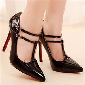 Black Pointed Toe High-heeled Shoes,  Shallow Mouth High-heeled Shoes, Double Ankle Straps Wrap High Heels, #SWS20190