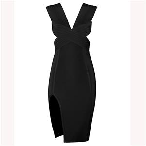 Sleeveless Bodycon Dress, Deep V Neck Dress, Backless Bodycon Dress, Side Cut-out Dress, Slit Dress for Women, Back Conceal Zipper, Sexy Party Dress for Women, #N15224