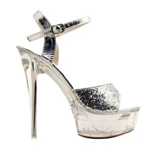 Silver Glitter High Heeled Sandals, Clear Mid Platform Sandals, Silver Glitter Sandals, #SWS20055