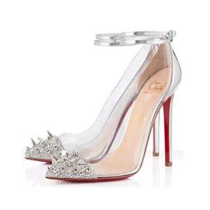 Pointed Toe Side Transparent High-heeled Shoes, Silver Spike Studded Women Shoes, Buckle High-heeled Shoes,#SWS20175
