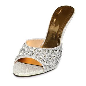 Satin High-heeled Mules, Rhinestone High-heeled Mules, Silver Stiletto Heel Mules, #SWH11081