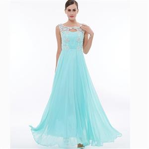 Sleeveless Round Neck Dress, Cyan Beaded Appliques Maxi Dress, Appliques Chiffon Long Dress, Women