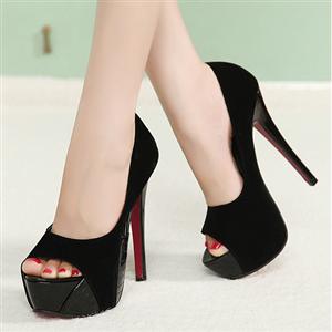 Fish Mouth High-heeled, Splicing High-heeled Shoe Black, Black Splicing High Heel, #SWS12045