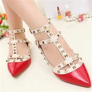 Openwork Design Flat Shoes, Studded Spike Flat Shoes, T-Strap Rivets Pointed Toe Shoes, #SWS12131