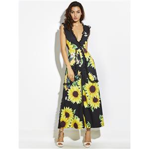 Wide Leg Jumpsuit, Jumpsuits for Women, V Neckline Jumpsuit, Slim Floral Print Jumpsuit, Sleeveless Jumpsuit, Fashion Jumpsuit, #N14400