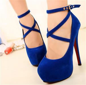 Blue Velvety Strappy High Heels, Strappy High Heeled Court Style Pumps, Platform Stiletto Ankle Strapped High Heels Shoes, #SWS12174