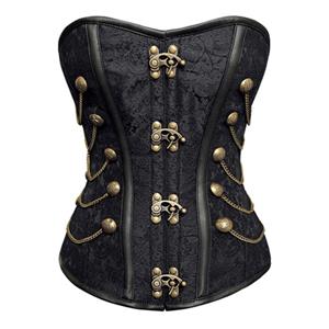 Vintage Black Steel Bone Jacquard Weave Fabric Overbust Corset N10069