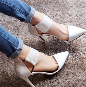 Choker High-heeled Sandal, White Splicing Pointed Toe Shoes, Bi-cast Leather Medium Heels,#SWS20176