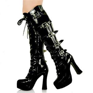 Lace-up Platform Knee Boots, Boots with Inside Zips, Black PVC Boots, #SWB80001