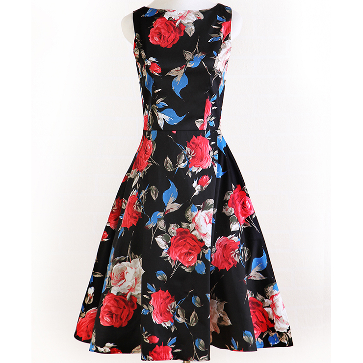 1950's Vintage Retro Rose Floral Print Party Cocktail Tea Dress N11940