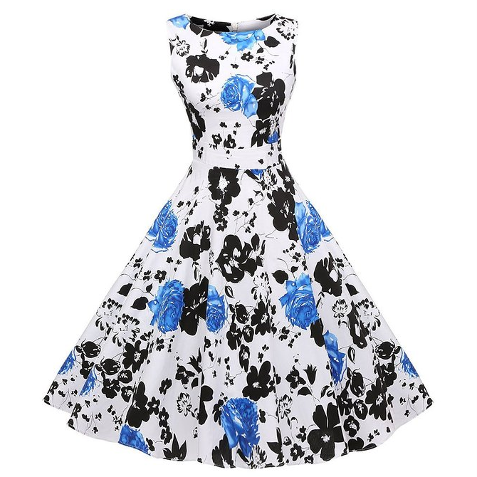 1950's Vintage Retro Blue Rose Floral Print Party Cocktail Tea Dress N11115