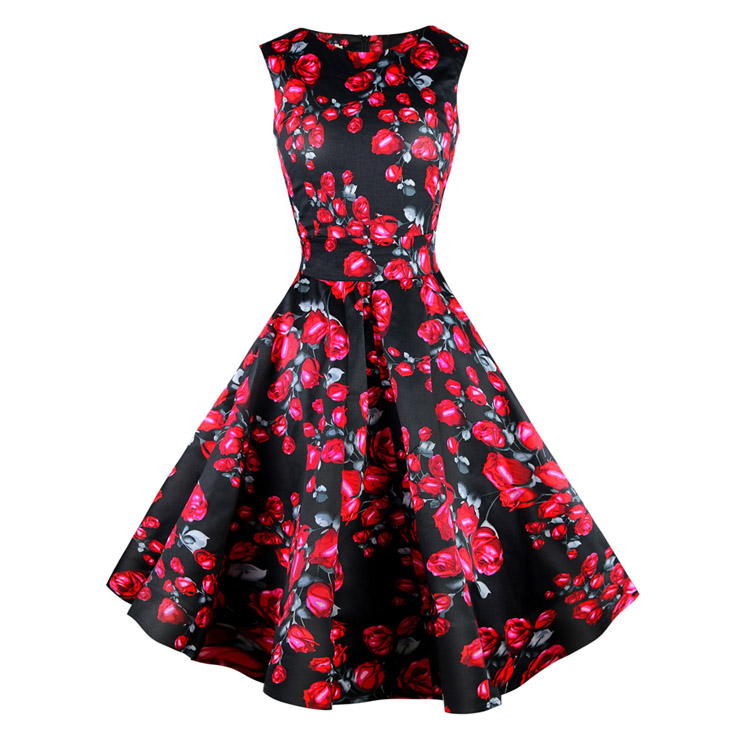 1950's Vintage Retro Black and Red Rose Floral Print Party Cocktail Tea Dress N11066
