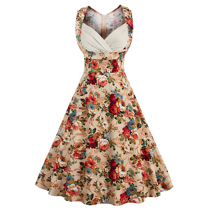 Women S 1950 S Vintage Floral Cut Out V Neck Casual Party Cocktail