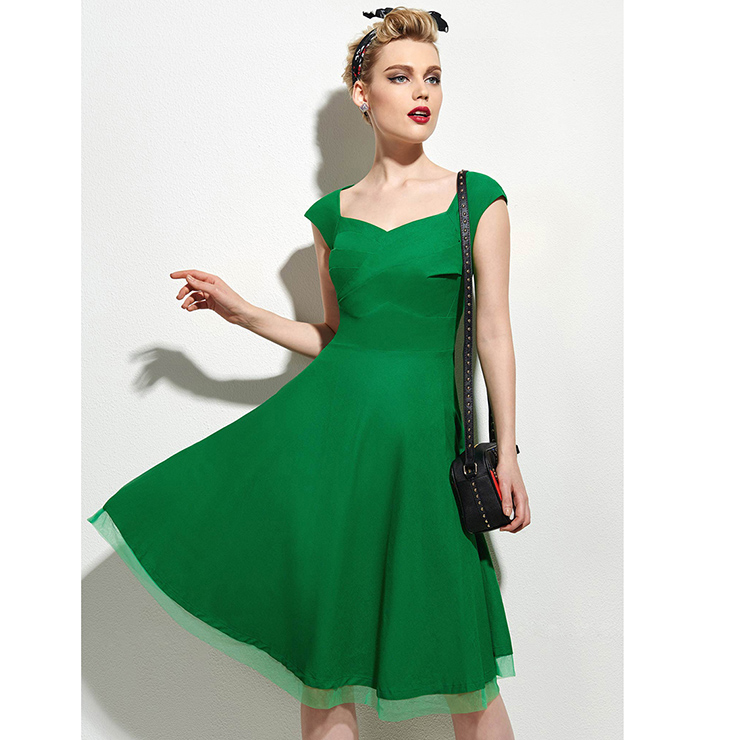 Women's 1950's Vintage Green Square Neck Cap Sleeve Party Cocktail Swing Tea Dress N16358