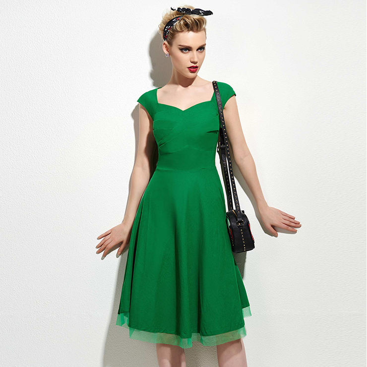 Spring Garden Party Swing Dress, Summer Day Dress Green, Vintage Casual Retro Dress, Cotton Vintage Tea Dress, Rockabilly Swing Dress, Women