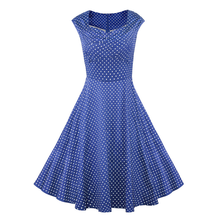 1950's Vintage Navy-Blue Cotton Polka Dot Party Cocktail Swing Tea Dress N11069