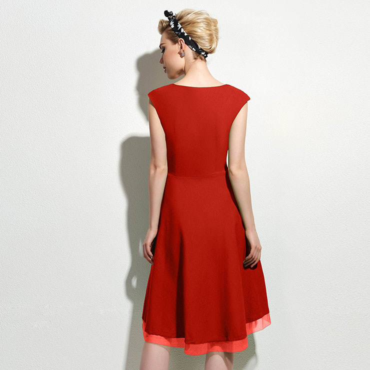 Spring Garden Party Swing Dress, Summer Day Dress Red, Vintage Casual Retro Dress, Cotton Vintage Tea Dress, Rockabilly Swing Dress, Women