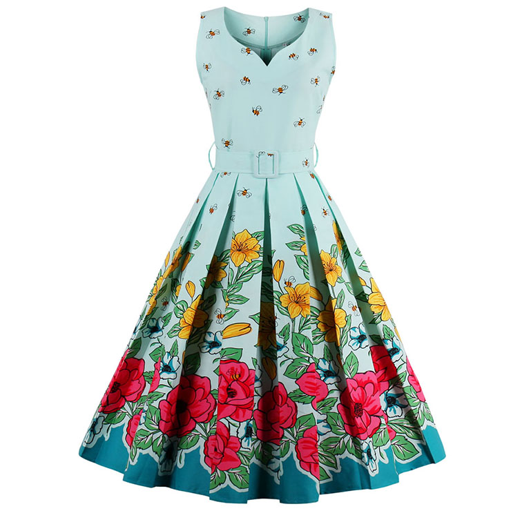 50s Style Retro Cartoon Print A line Garden Cocktail Dress N12685