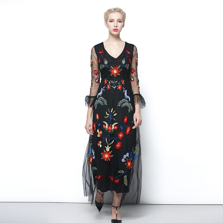 black floral embroidered chiffon maxi dress