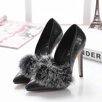 black heels with fur on toe