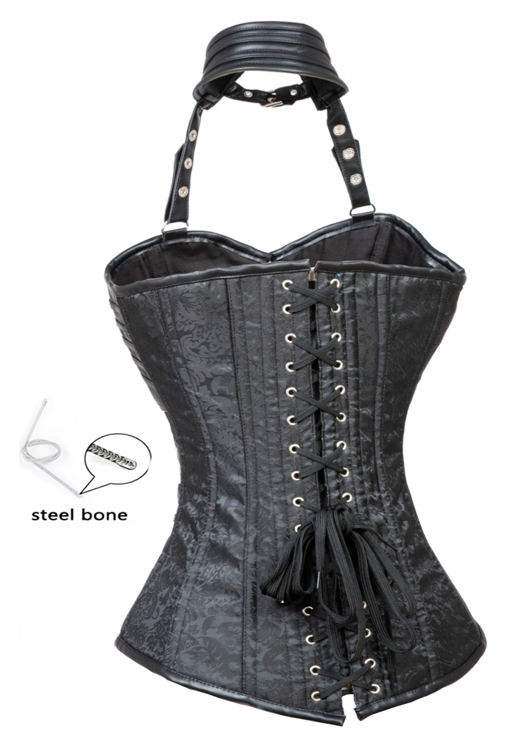 Steampunk Black Steel Boned Halter Jacquard Zipper Outerwear Corset N10588